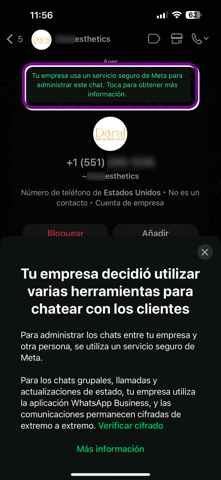 Mensaje de servicio seguro de Meta en WhatsApp