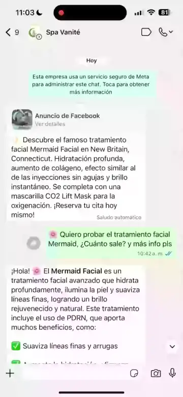 Vista previa del chatbot en WhatsApp